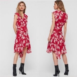Allsaints Caris Lea Chiffon Red & White Floral V-Neck Dress, size 2